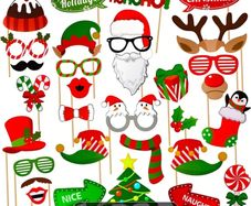 32pcs Complete Christmas Photo Booth Prop Set with Elf Hats, Santa Costumes, Reindeer Antlers & Mustaches - Party Favors, Photo & s, Holiday Party Supplies (Paper Masks, Glasses, Bows, Candy Cane Decorations