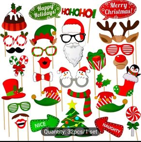 32pcs Complete Christmas Photo Booth Prop Set with Elf Hats, Santa Costumes, Reindeer Antlers & Mustaches - Party Favors, Photo & s, Holiday Party Supplies (Paper Masks, Glasses, Bows, Candy Cane Decorations