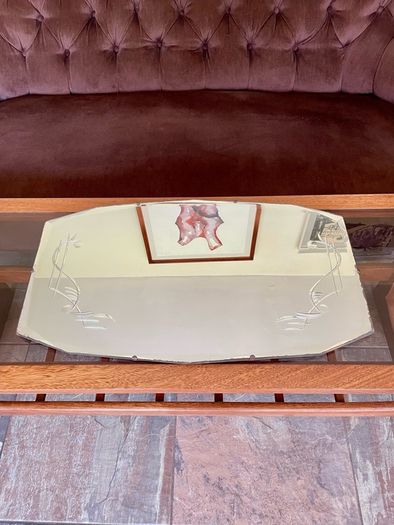 Large Vintage Mid Century Bevelled Mirror with Chain Reverse Etched Chinoiserie Detail