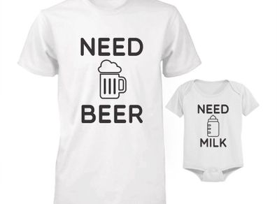 Daddy and Baby Matching T-Shirt and Bodysuit Set - Need Beer and Need Milk