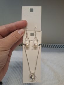Silver Tone Necklace Pearl Drop Earrings Set New