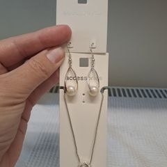 Silver Tone Necklace Pearl Drop Earrings Set New