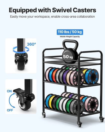 3D Printer Filament Storage Rack 3 Tier Heavy Duty Storage Shelf, Rolling Filament Spool Holders Racks with Wheels, Filaments Organzied for 3D Printing Station, Office, Workshop (Shelf Only)
