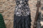 Vintage 80s strapless silver metallic and black ruffle occasion party dress