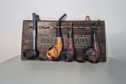 Vintage Mid-Century "Smoke and Be Happy" Wooden Pipe Rack with 4 Estate Pipes