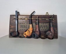 Vintage Mid-Century "Smoke and Be Happy" Wooden Pipe Rack with 4 Estate Pipes