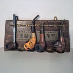 Vintage Mid-Century "Smoke and Be Happy" Wooden Pipe Rack with 4 Estate Pipes