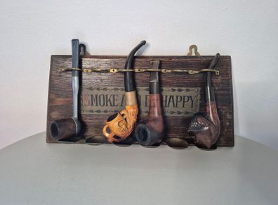Vintage Mid-Century "Smoke and Be Happy" Wooden Pipe Rack with 4 Estate Pipes