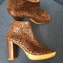 Brown Leather Laser-Cut Peep-Toe Ankle Boots Image 2