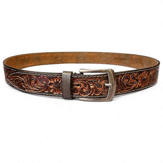 Premium Genuine Leather Belt Dual Tone Vintage Embossed Design with Antique Metal Buckle