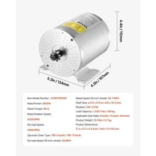 1800W Electric Brushless DC Motor Kit - 48V 4500rpm Motor with Upgraded Speed Controller and Foot Pedal Throttle Kit for Go Karts E-Bike Motorcycle Scooter DIY