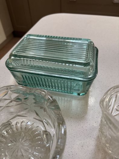 3 pieces of vintage table / dinner ware - A ribbed lidded glass butter dish , vintage 3 footed sugar bowl and cut glass milk jug