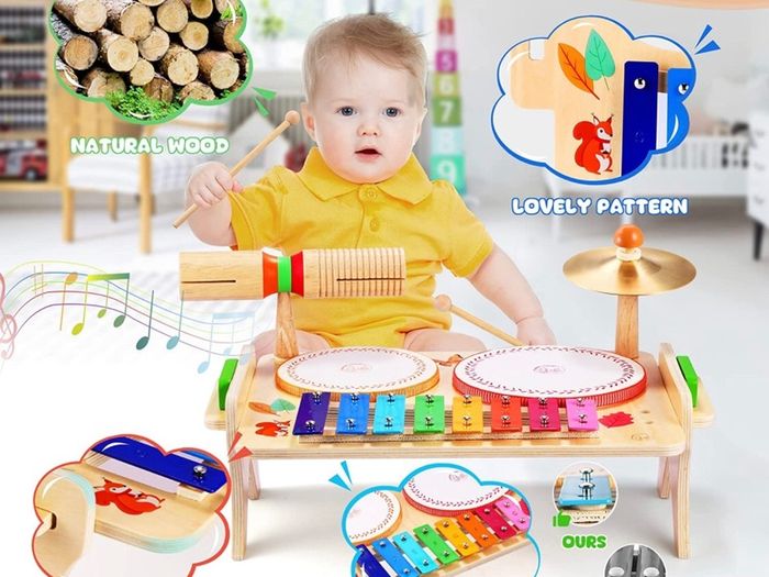 Kids Drum Set, Baby Musical Instruments Toys for Toddlers, 7 in 1 Wooden Xylophone Toddler Drum Set Percussion Instruments Musical Toys Birthday Gifts for Children Boys and Girls