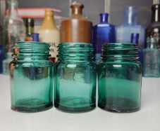 235 - Beautiful Set of 3 1950s Vintage Turquoise Glass Bottom Embossed Letters Science Medicine Pills Chemicals Collectible Decorative Jars