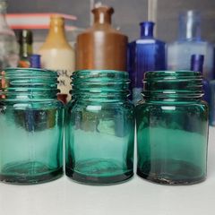 235 - Beautiful Set of 3 1950s Vintage Turquoise Glass Bottom Embossed Letters Science Medicine Pills Chemicals Collectible Decorative Jars