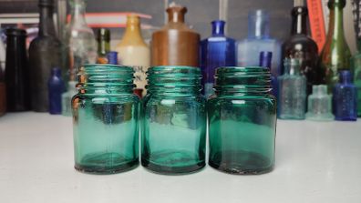 235 - Beautiful Set of 3 1950s Vintage Turquoise Glass Bottom Embossed Letters Science Medicine Pills Chemicals Collectible Decorative Jars
