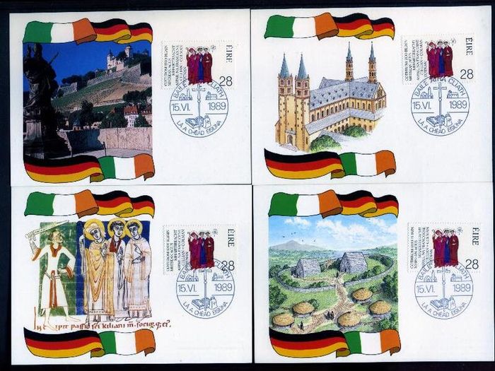 1989 Ireland Joint issue with Germany 1300th Anniversary of the Martyrdom of Irish Missionaries to Germany (Franconian Apostles) Maximum Cards with First Day of Issue