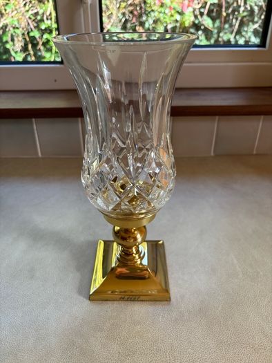 Waterford Crystal Lismore hurricane/candle lamp with a brass/gold-tone pedestal base