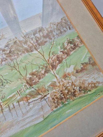 Tom Dunlop.Vintage watercolour by Tom Dunlop painting wood and glass framed