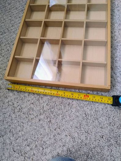 Storage display wooden shadow boxes x 2 with toughened glass sliding top adjustable compartments each has  24 sections and each one is 56cm x 38cm x 5.5cm solid wood great for display storage retail crafting jewellery hobbies Collection in Kinsale area