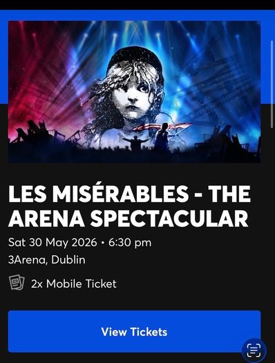 2 Les Miserables Tickets Saturday 30th May 18:30