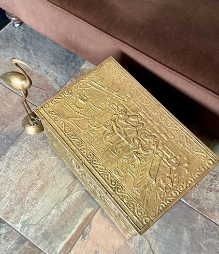 Ornate Brass Fireside Coal Box Embossed Tavern Scene