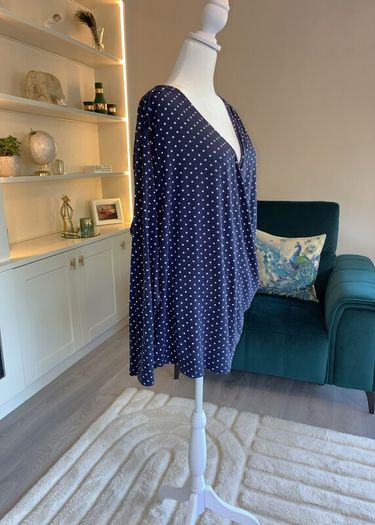 Navy Blue White Polka Dot Print V Neck Ruched Faux Wrap Top Blouse from So Fabulous