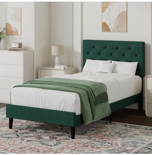 Single Bed Frame with Headboard, 90 X 190, Green Upholstered Bed Frame, Adjustable, Heavy Duty, Easy Assembly, No Box Spring Needed
