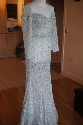 Debs dress - Embellished pearl & diamond cocktail evening maxi dress w train size 10/12 Mint Green