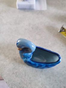Vintage Portugal Blue Swan Planter Portuguese Pottery Hand Painted Numbered