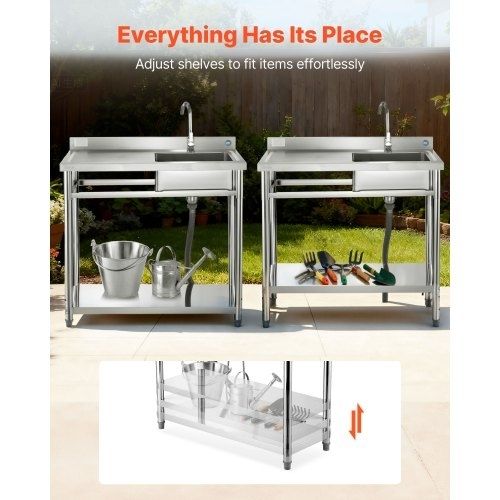 Stainless Steel Utility Sink, Free Standing Single Bowl Commercial Kitchen Sink with Faucet, 1000 x 500 x 940 mm, Utility Left Basin with Hot & Cold Water Pipe for Garage, Restaurant, Laundry