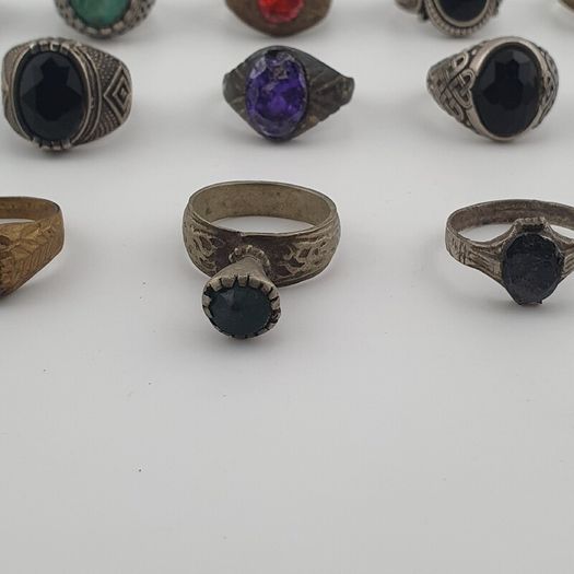 Antique Ring Lot of 15 Rustic Brass & Glass Jewellery