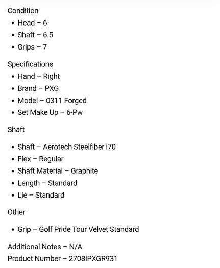 PXG 0311 Forged Irons / 6-Pw / Aerotech Steelfiber i70 Regular