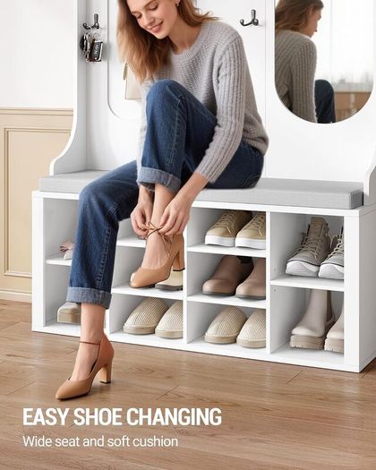 5-in-1 Coat Rack with Bench, Shoe Storage & Mirror  White