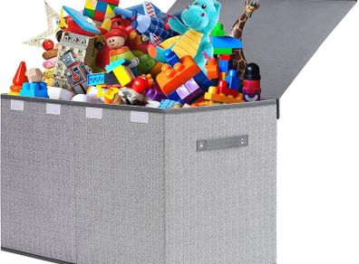 Toy Storage Box, 81L Foldable Kids Toy Chests & Boxes for Boys Girls,Toy Storage Organiser with Flip-top Lid, Childrens Storage Box for Clothes, Bedroom,Playroom, Kindergarten,Grey