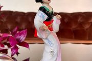 Vintage MCM Geisha Black Hair Red Obi Light Blue Pink Gold Holding a Fan 18 cm