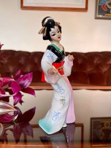 Vintage MCM Geisha Black Hair Red Obi Light Blue Pink Gold Holding a Fan 18 cm