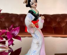 Vintage MCM Geisha Black Hair Red Obi Light Blue Pink Gold Holding a Fan 18 cm