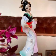 Vintage MCM Geisha Black Hair Red Obi Light Blue Pink Gold Holding a Fan 18 cm