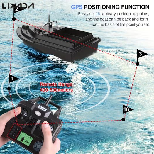 GPS Fishing Bait Boat with Large Capacity Containers Wireless Bait Boat with 16-points GPS Positioning Function 2kg Bait Capacity with 400-500m Remote Range with Storage Bag
