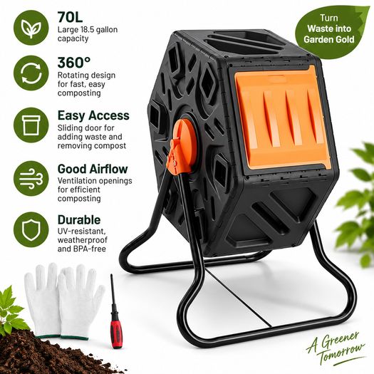70L Garden Compost Tumbler 360 deg Rotating Outdoor Composter Bin, 18.5 Gallon