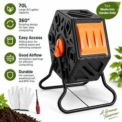 70L Garden Compost Tumbler 360 deg Rotating Outdoor Composter Bin, 18.5 Gallon