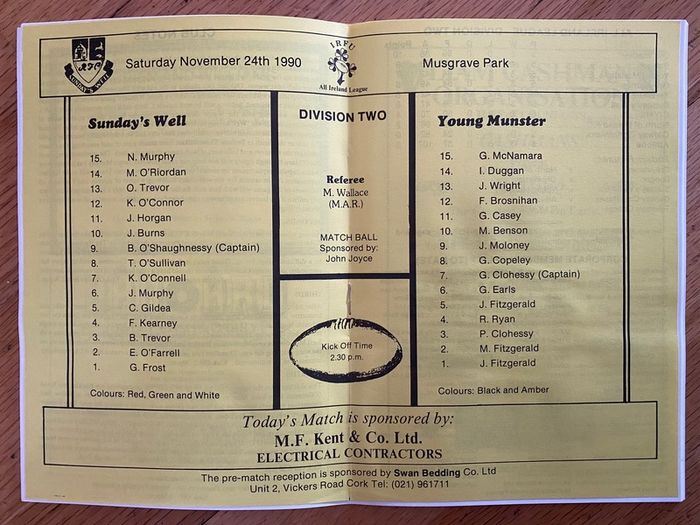 Very Rare 1990 Sunday's Well v Young Munster - AIL Division 1 Rugby Programme