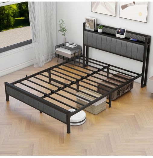 King Size Bed Frame with Storage and Headboard Shelf