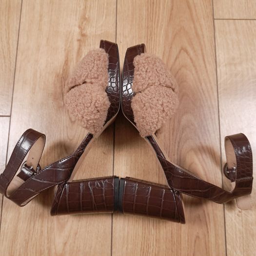 ASOS Dark Brown Croc-Effect & Beige Teddy Fleece Strap Ankle-Buckle Block Heels 4UK/37EU