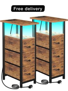 Bedside Table Set of 2 with Charging Station, Narrow Side Table with LED Lights