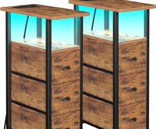 Bedside Table Set of 2 with Charging Station, Narrow Side Table with LED Lights