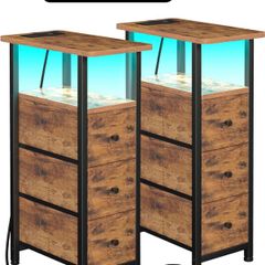 Bedside Table Set of 2 with Charging Station, Narrow Side Table with LED Lights