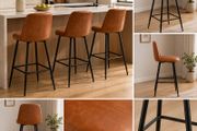 Bar Stool PU Leather Set of 3 Counter Height Swivel Stools, Modern PU Leather Counter Barstool with Backrest and Metal Legs, Armless Bar Chair