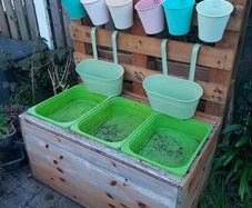 Wooden Ikea trofast storage unit  Large pallet  3 green boxes and 8 metal planters pots